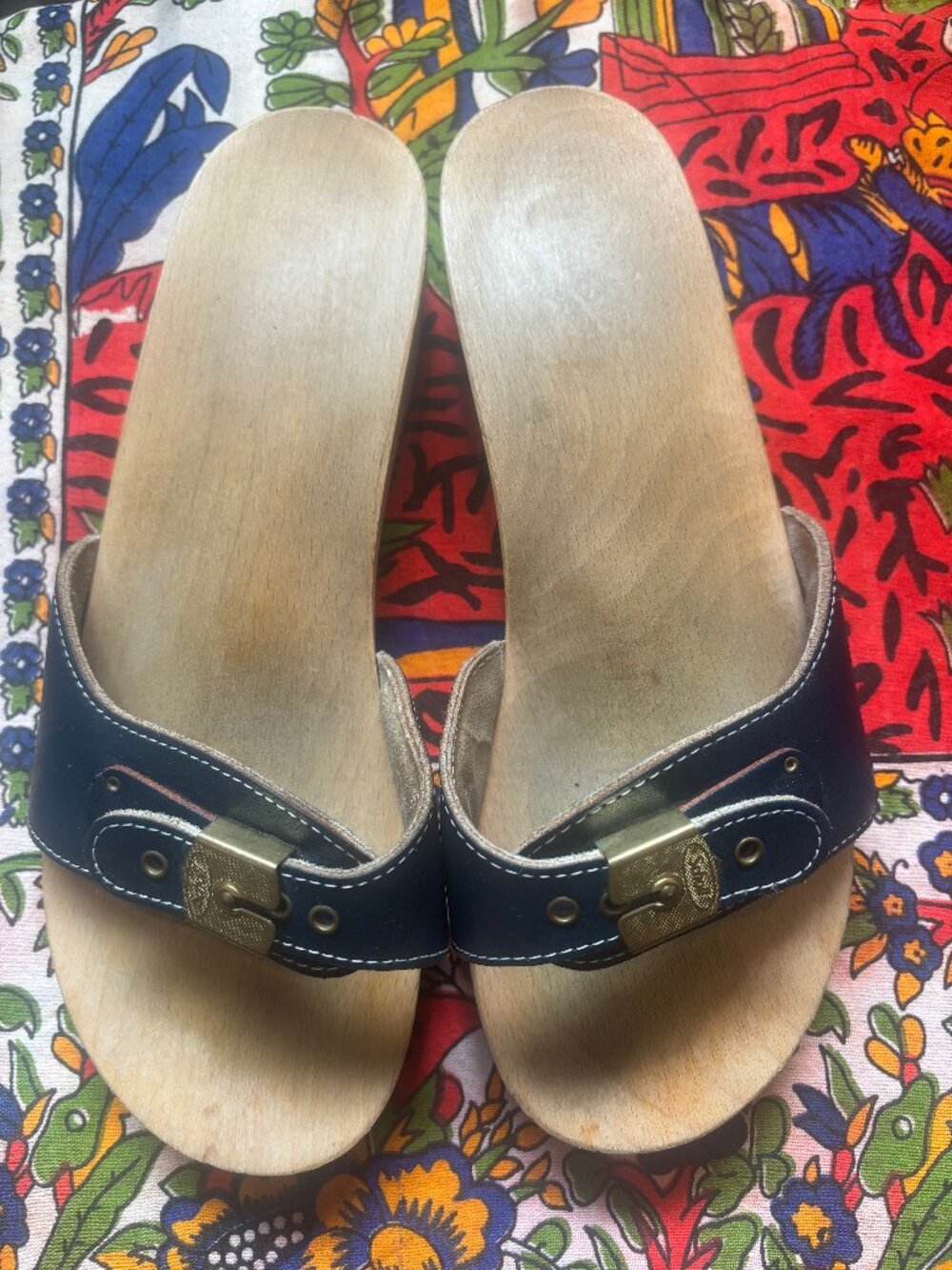 Vintage 70s Scholl Wood Exercise Sandals Navy Blue Leather Buckle Slides Clogs